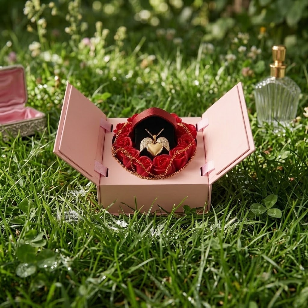 Gold Angel Wings Locket & Rose Display - Luxurious Heart Locket Jewelry Box with Preserved Roses