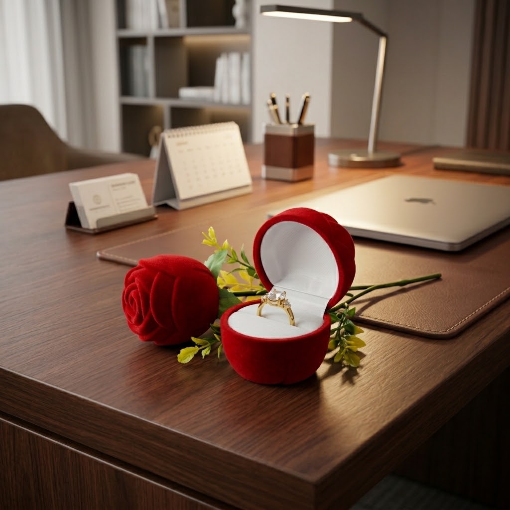 Velvet Rose Ring Box & Gold Solitaire Ring Set - Love in Full Bloom - Golden Promise Ring