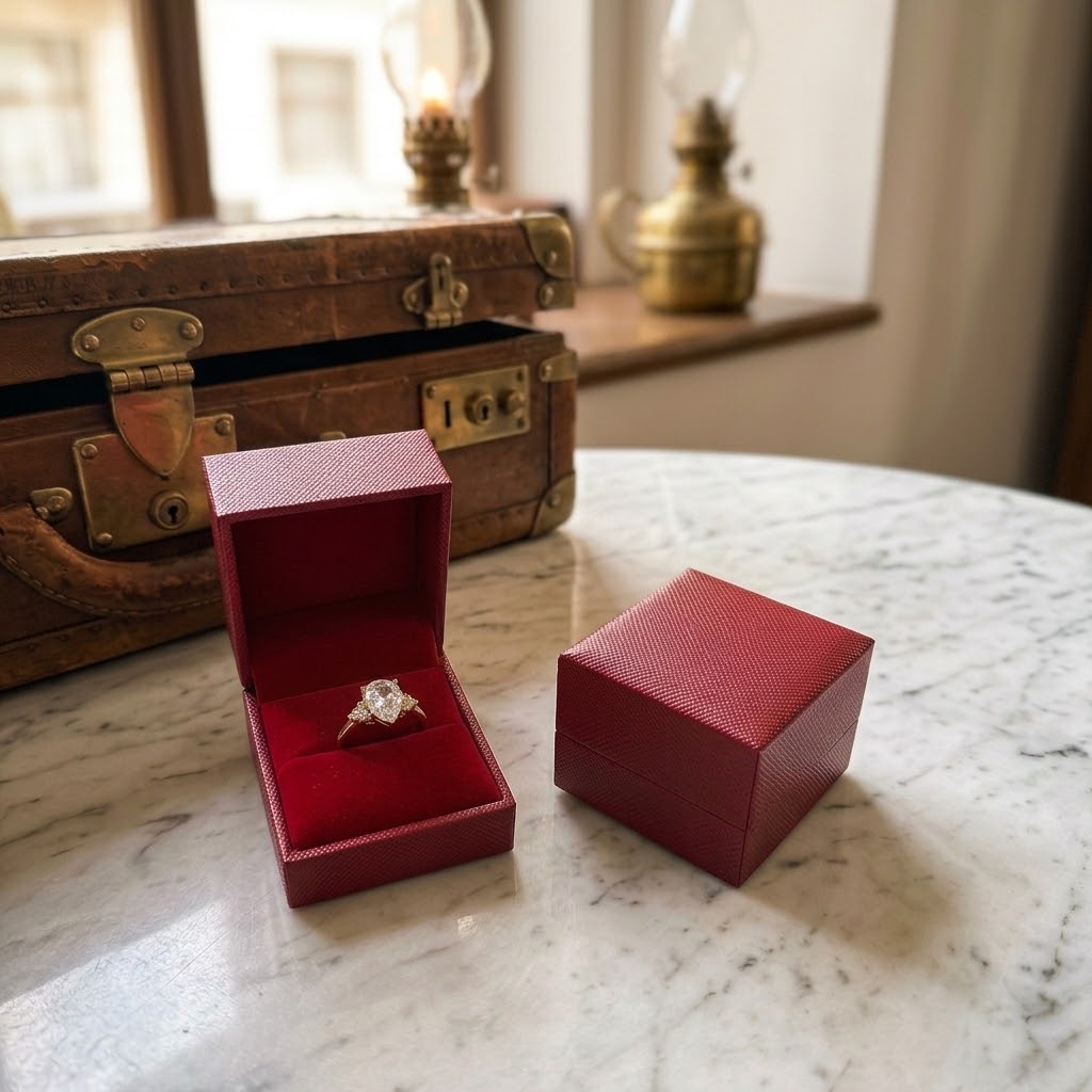 Pear-Cut Engagement Ring in Red Velvet Box - The Perfect Promise Ring