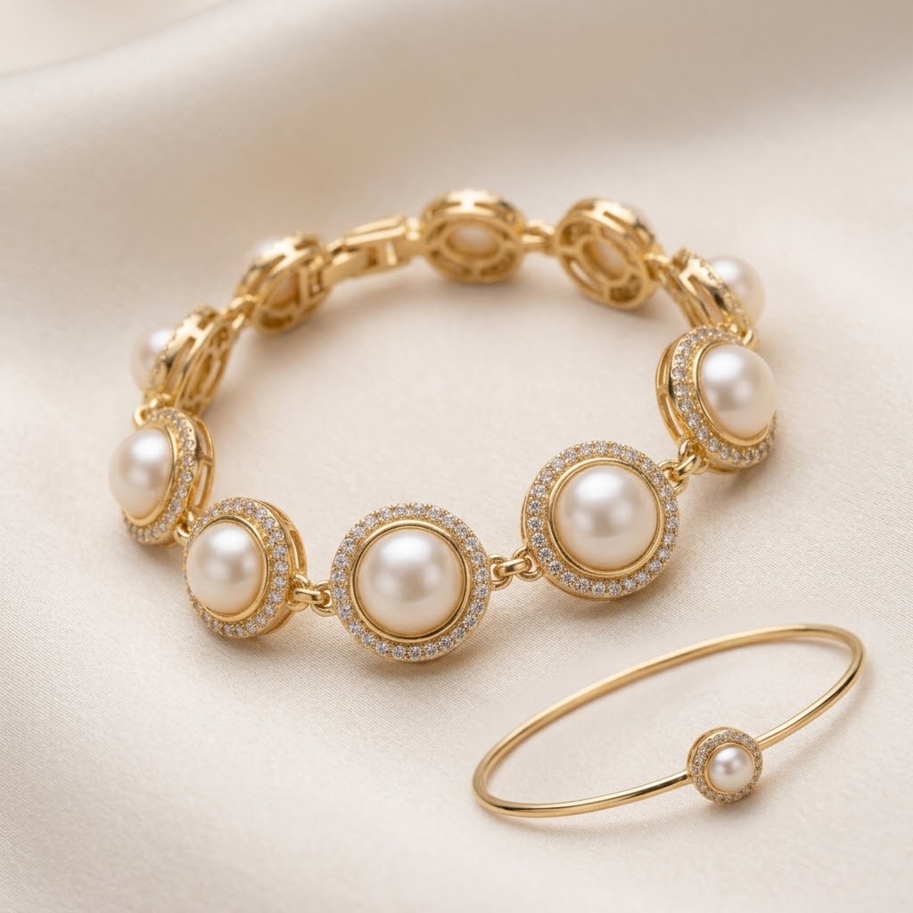 Eternal Halo Pearl & Pave Diamond Bracelet in Pure Black Velvet Box