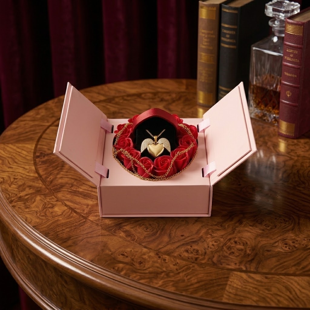 Gold Angel Wings Locket & Rose Display - Luxurious Heart Locket Jewelry Box with Preserved Roses