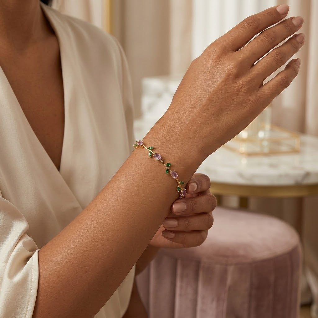 Stainless Steel Colorful Gemstone Leaf Bracelets with Luxury Gift Box - Viral Tulip Brecelets