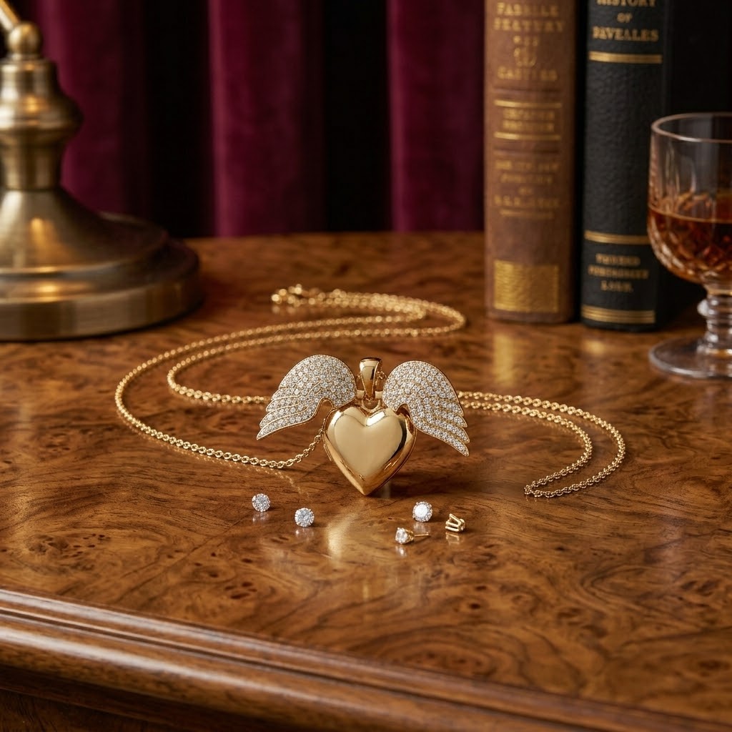 Gold Angel Wings Locket & Rose Display - Luxurious Heart Locket Jewelry Box with Preserved Roses
