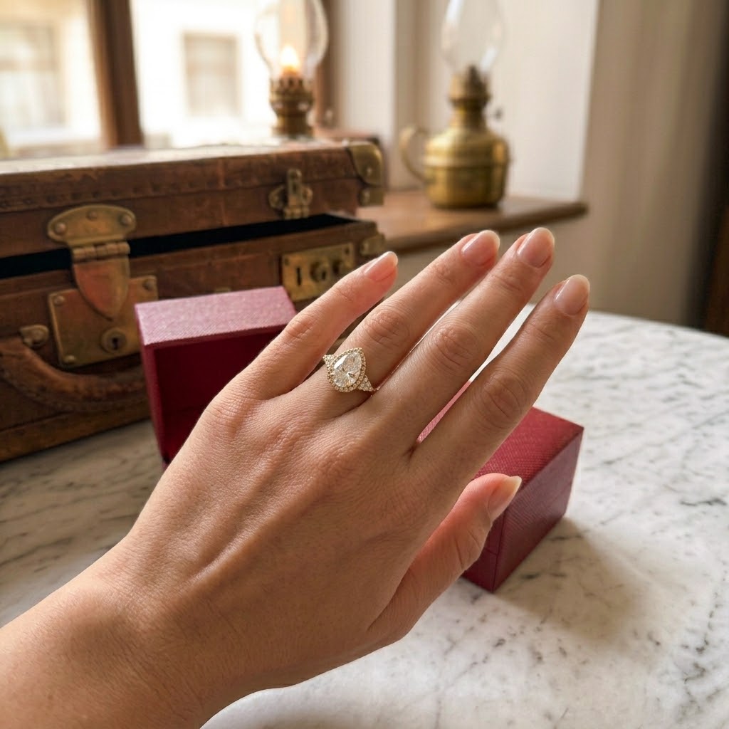 Pear-Cut Engagement Ring in Red Velvet Box - The Perfect Promise Ring