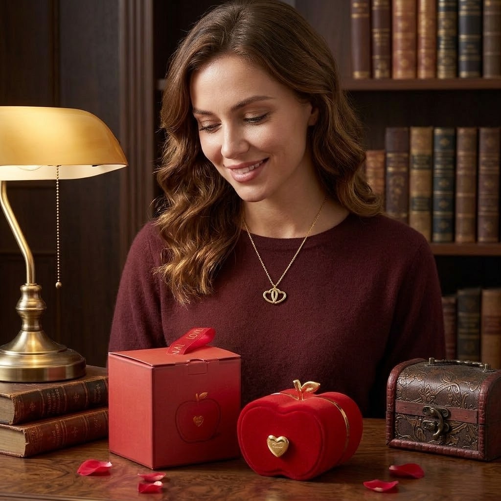Gold Interlocking Heart Necklace with Apple Jewelry Box - Eternal Hearts Pendant Set – The Ultimate Gift of Love