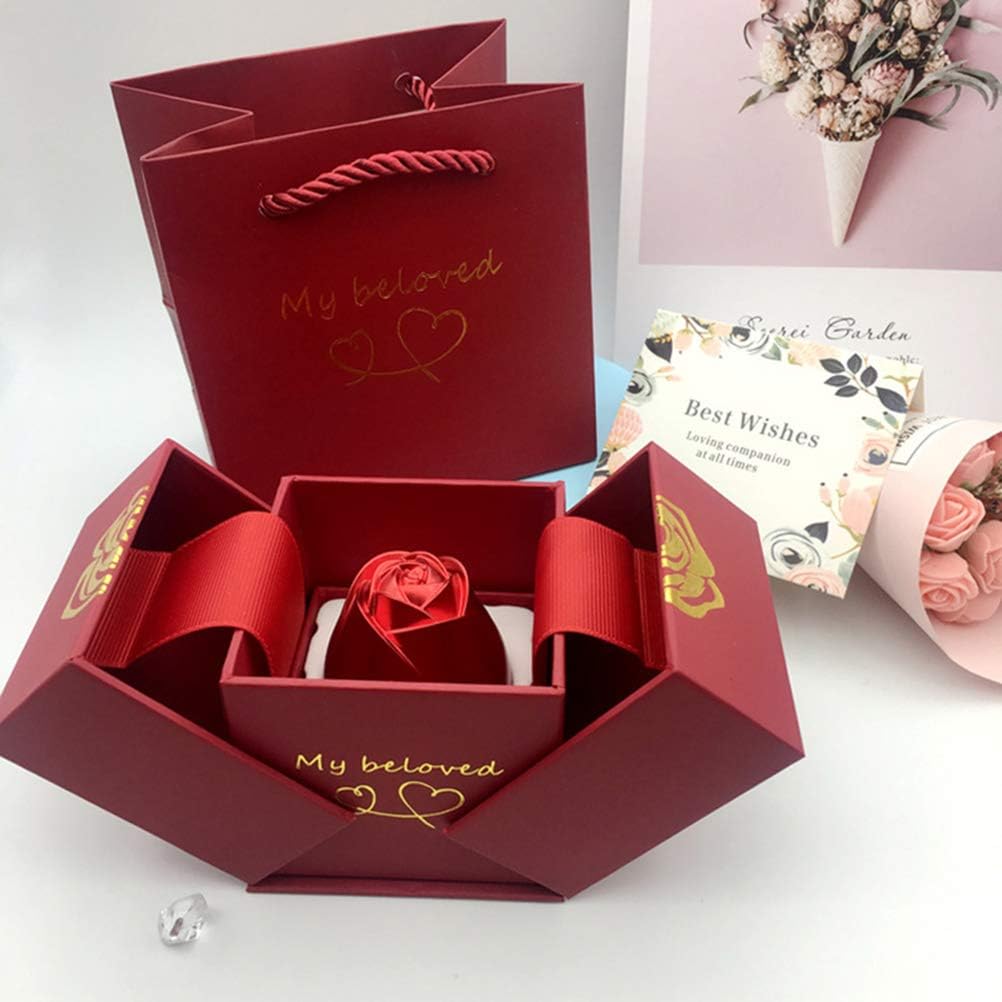 Double Door Lifting Rose Jewelry Box with Adjustable Silver Ring – Romantic Gift Box