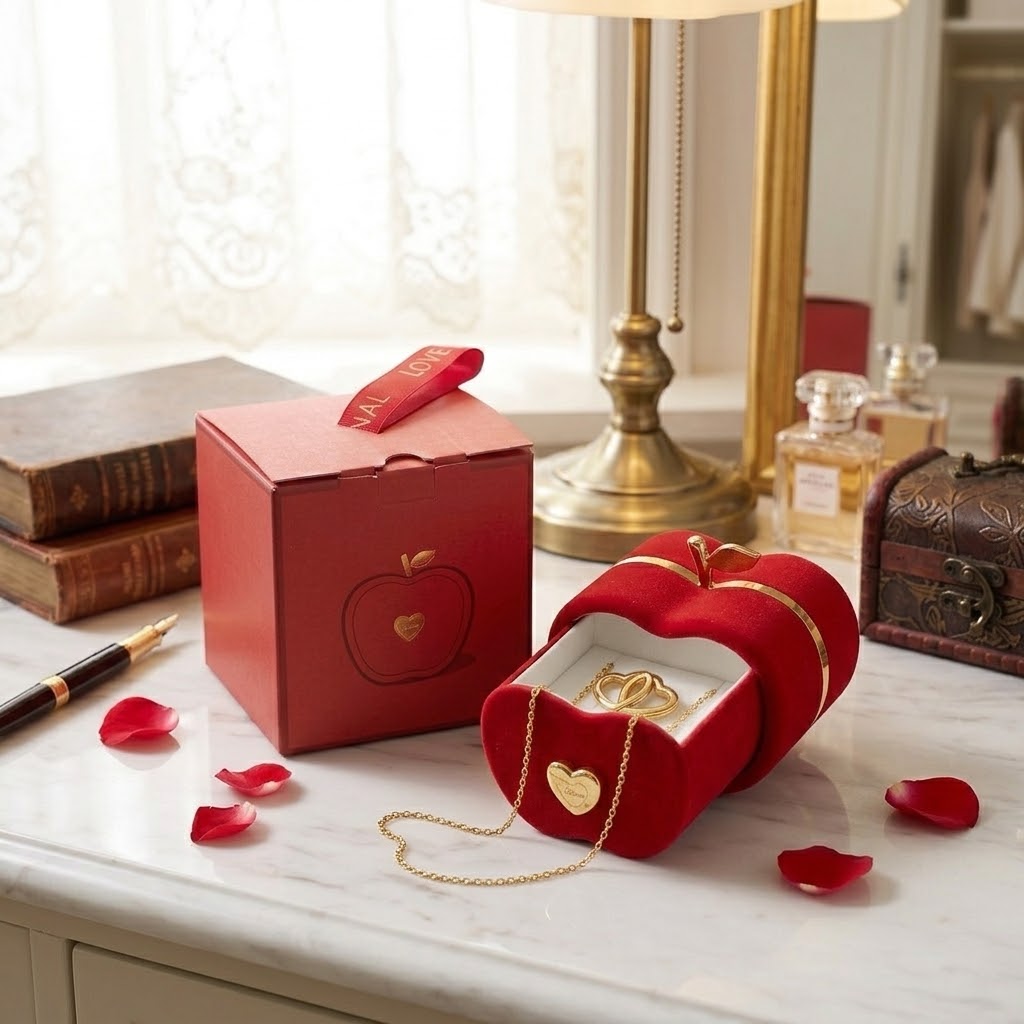 Gold Interlocking Heart Necklace with Apple Jewelry Box - Eternal Hearts Pendant Set – The Ultimate Gift of Love
