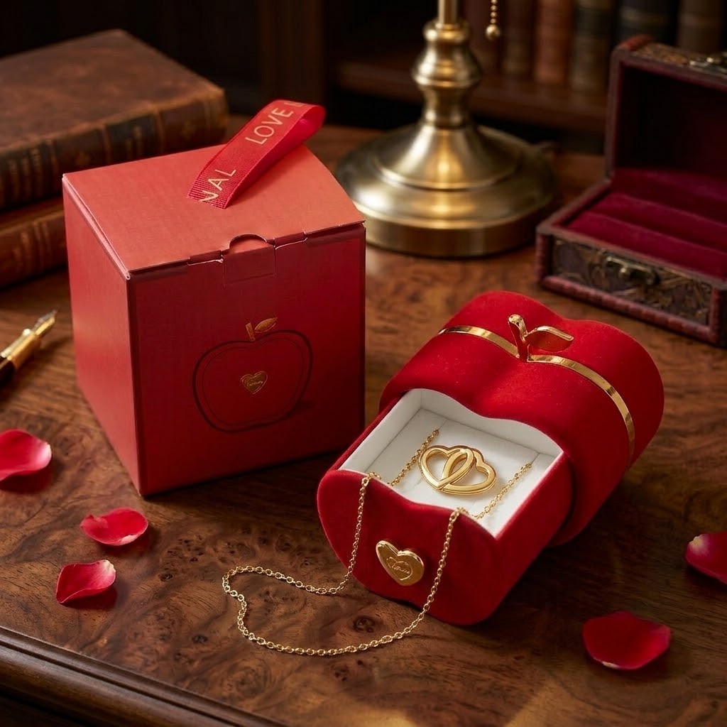 Gold Interlocking Heart Necklace with Apple Jewelry Box - Eternal Hearts Pendant Set – The Ultimate Gift of Love