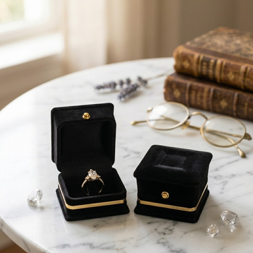Imported Handcrafted Solitaire Ring in Black Velvet Box - Golden Promise Ring
