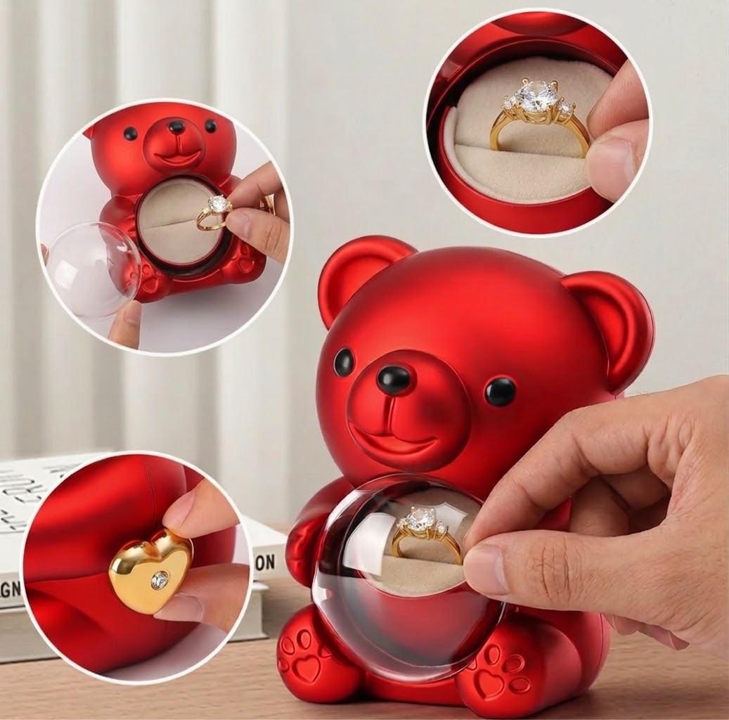 Romantic Teddy Bear Jewelry Box with Clear Dome Ring Holder – Perfect Gift Box for Proposal, Valentine’s Day & Anniversaries