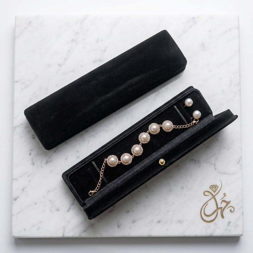 Eternal Halo Pearl & Pave Diamond Bracelet in Pure Black Velvet Box