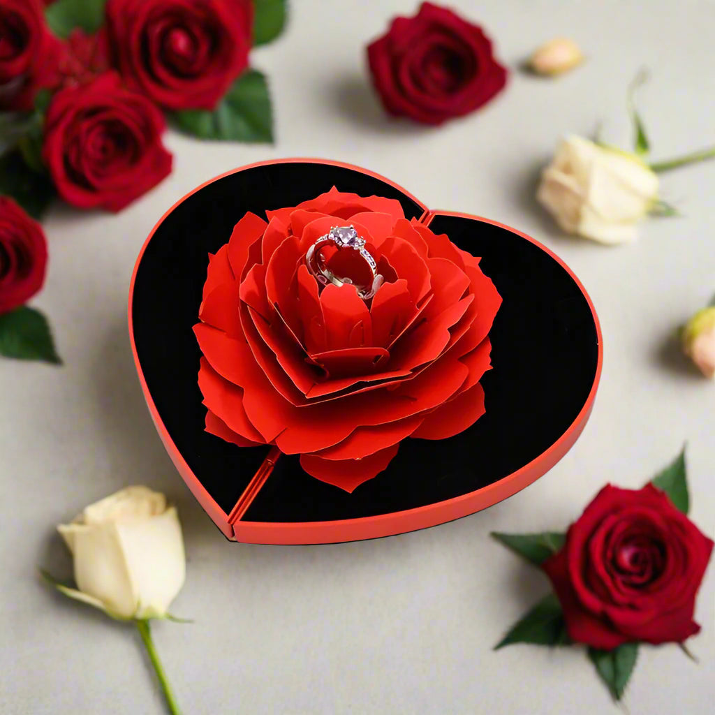 3D Rose Pop-Up Ring Gift Box with Adjustable Silver Ring – Luxury Heart-Shaped Jewelry Box