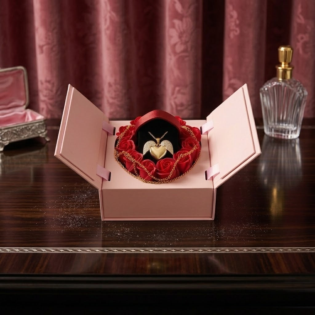 Gold Angel Wings Locket & Rose Display - Luxurious Heart Locket Jewelry Box with Preserved Roses