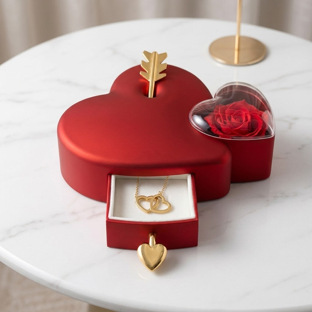 Heart Jewelry Box with Interlocking Heart Locket & Gift Bag - Special Gift For Women