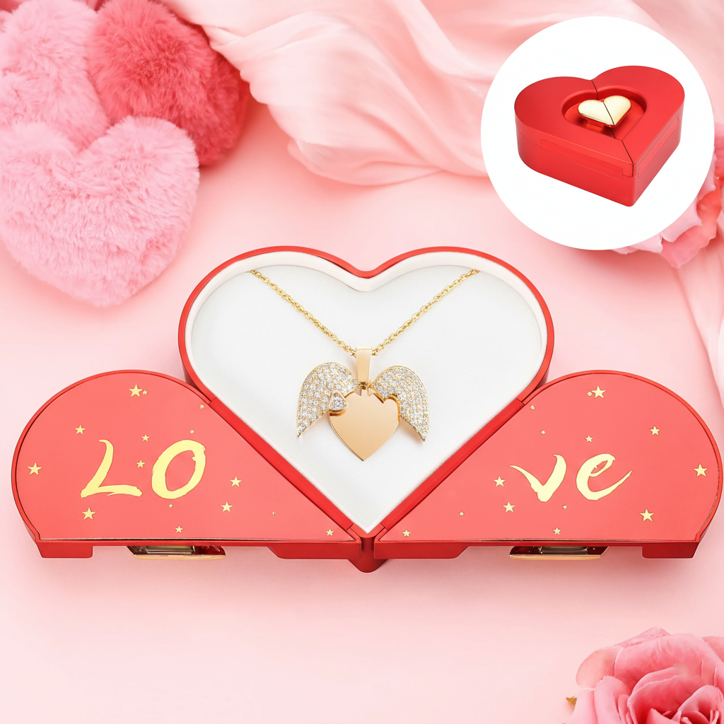 Love Open Heart Box with Heart Necklace – Valentine’s Day Double Open Jewelry Gift Box