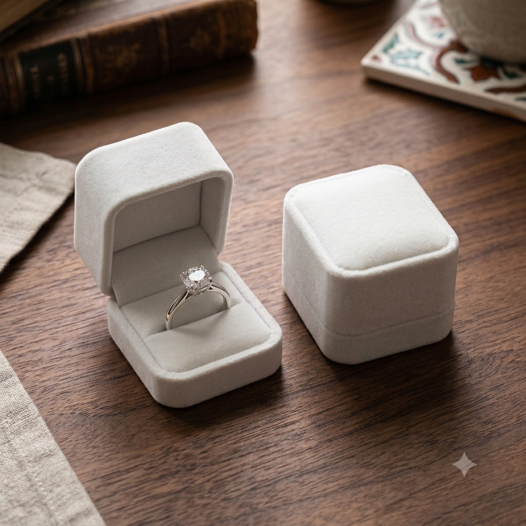 Elegant Solitaire Diamond Cut Ring in White Velvet Box - Silver Promise Ring