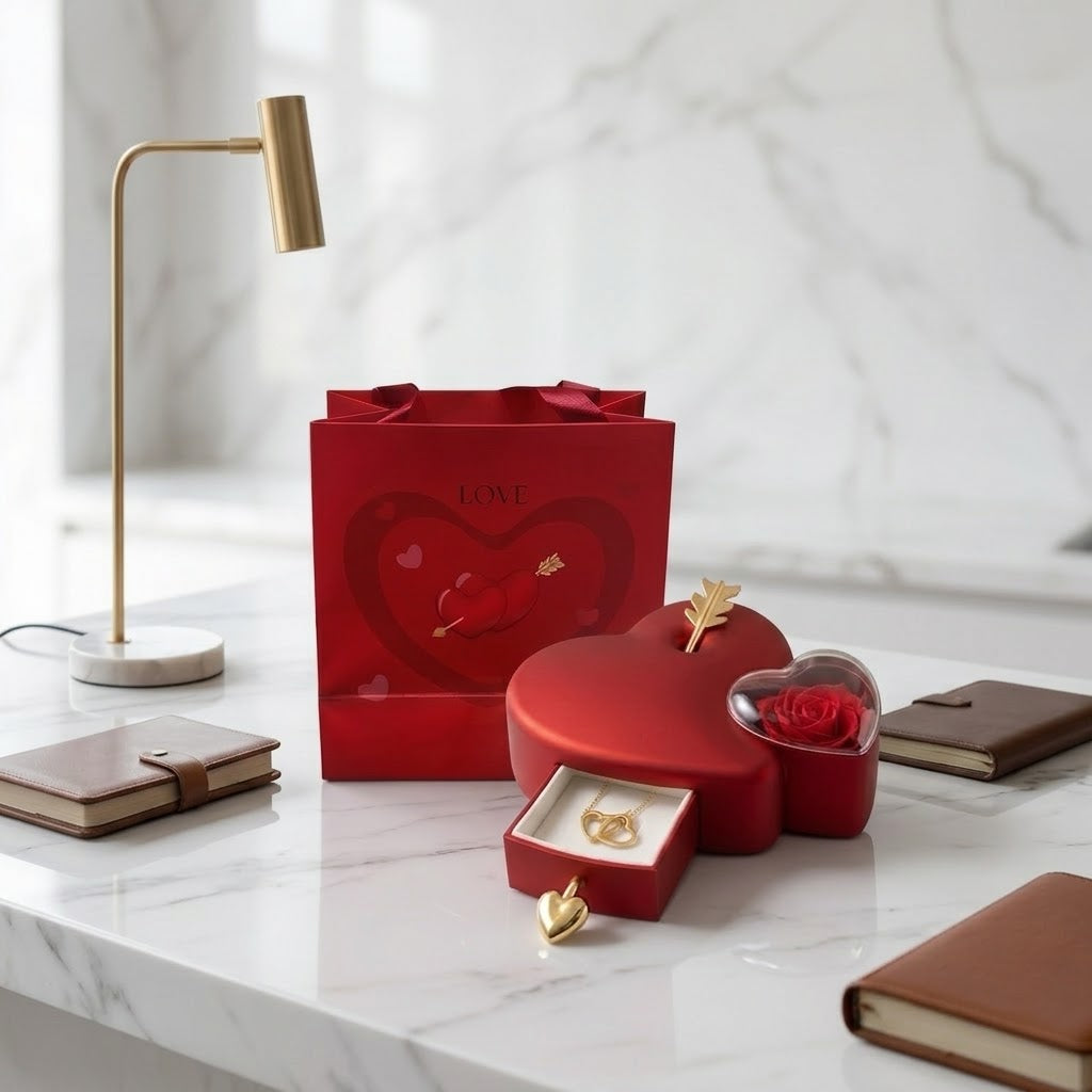 Heart Jewelry Box with Interlocking Heart Locket & Gift Bag - Special Gift For Women
