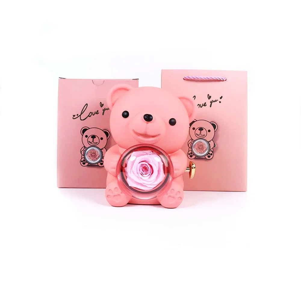 Teddy Bear Eternal Rose Box with Heart Necklace – Luxury Gift for Women
