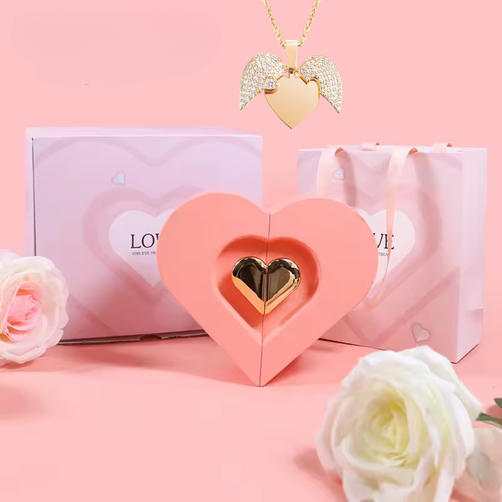 Love Open Heart Box with Heart Necklace – Valentine’s Day Double Open Jewelry Gift Box