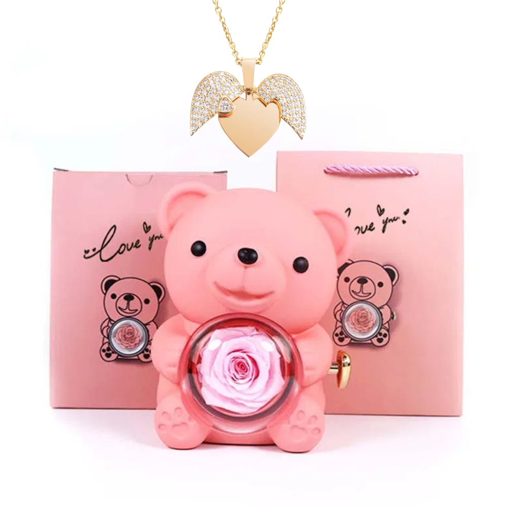 Teddy Bear Eternal Rose Box with Heart Necklace – Luxury Gift for Women