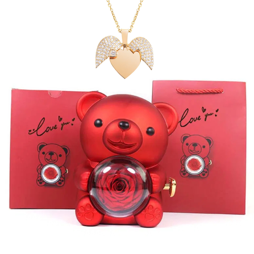 Teddy Bear Eternal Rose Box with Heart Necklace – Luxury Gift for Women