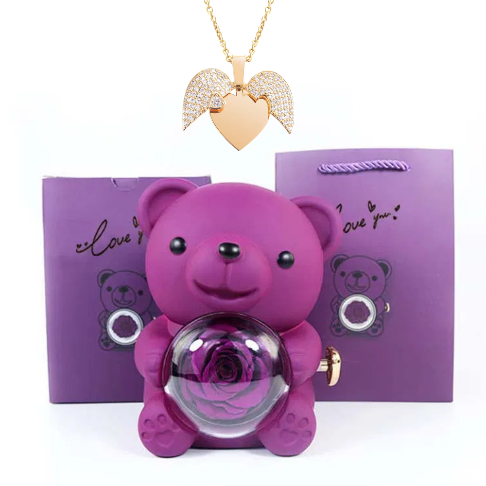 Teddy Bear Eternal Rose Box with Heart Necklace – Luxury Gift for Women