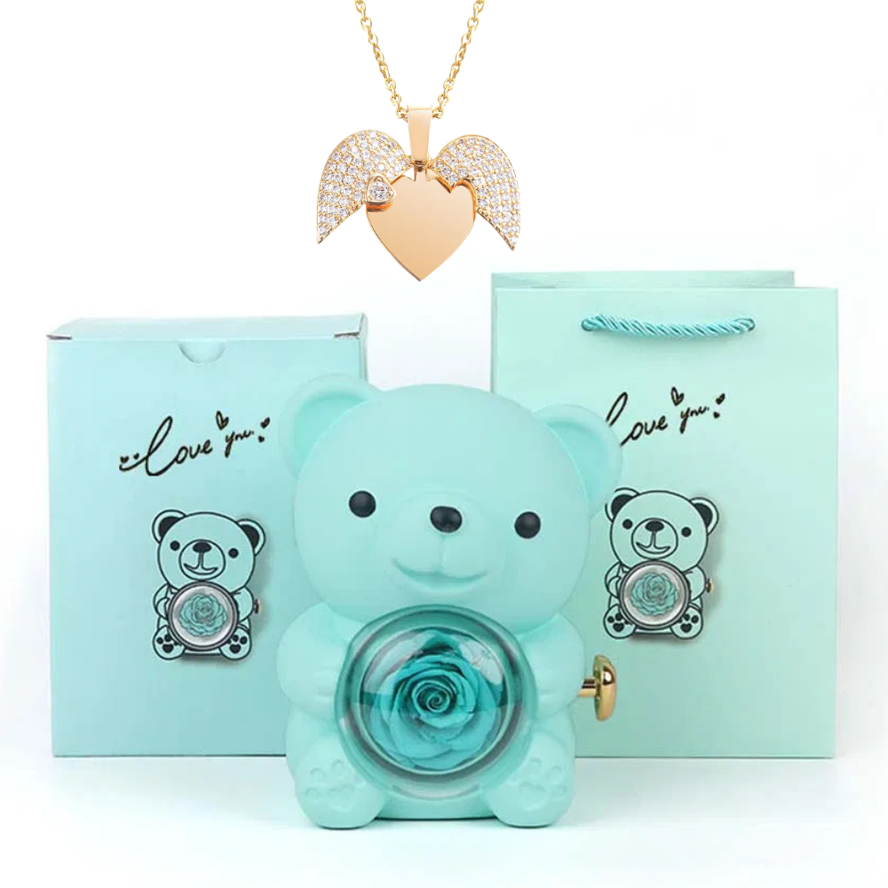 Teddy Bear Eternal Rose Box with Heart Necklace – Luxury Gift for Women
