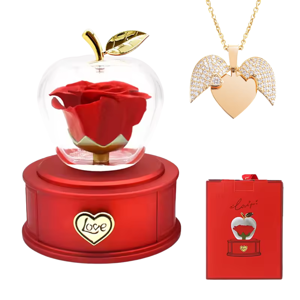 Luxury Eternal Rose Apple Jewelry Box with Gold Heart Necklace – Red Drawer Gift Handbag