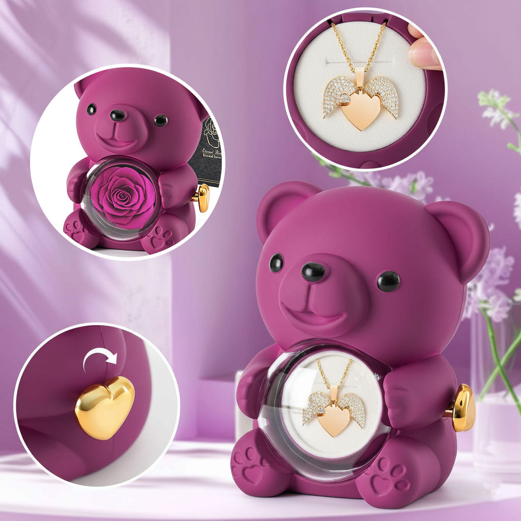 Teddy Bear Eternal Rose Box with Heart Necklace – Luxury Gift for Women