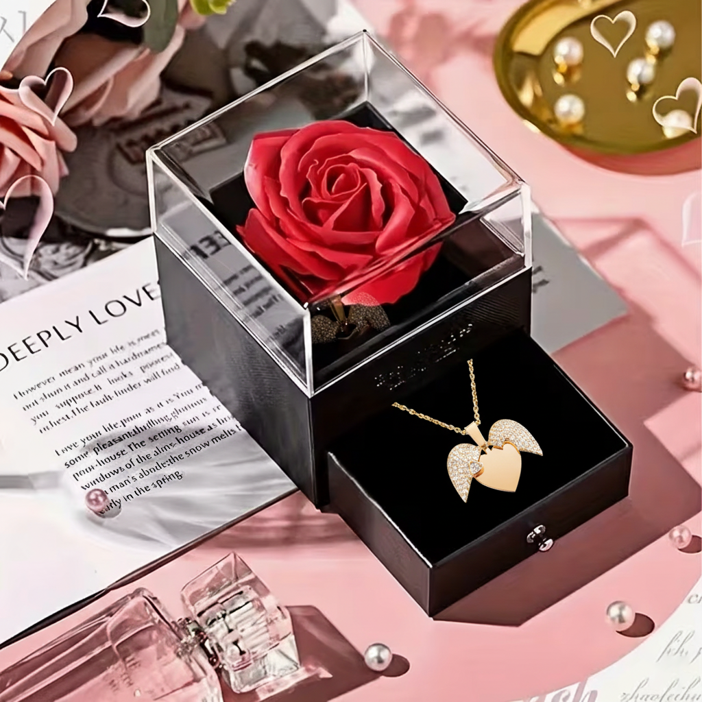 Rose Flower Eternal Rose Box with Heart Necklace– Romantic Jewelry Gift Box