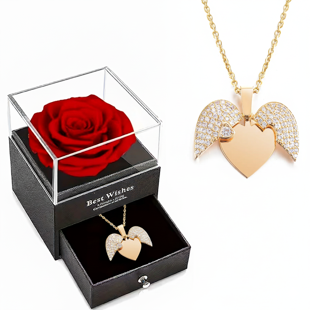 Rose Flower Eternal Rose Box with Heart Necklace– Romantic Jewelry Gift Box