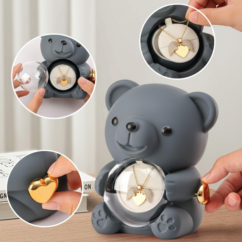 Teddy Bear Eternal Rose Box with Heart Necklace – Luxury Gift for Women