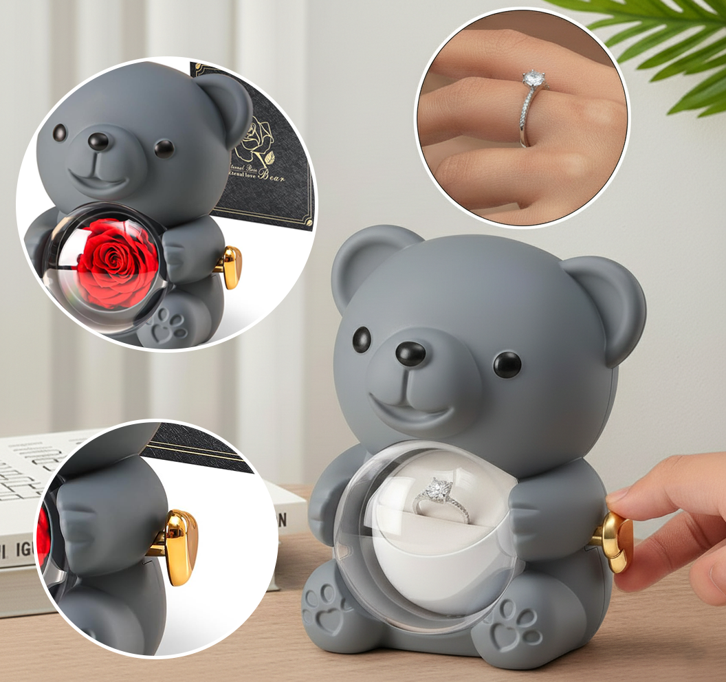 Teddy Bear Eternal Rose Box with Silver Ring – Luxury Gift for Women