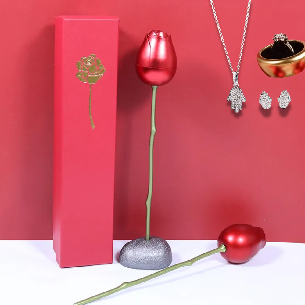 Romantic Metal Rose Flower Ring Box Set – Locket, Earrings & Silver Adjustable Promise Ring