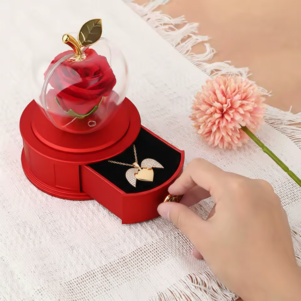 Luxury Eternal Rose Apple Jewelry Box with Gold Heart Necklace – Red Drawer Gift Handbag