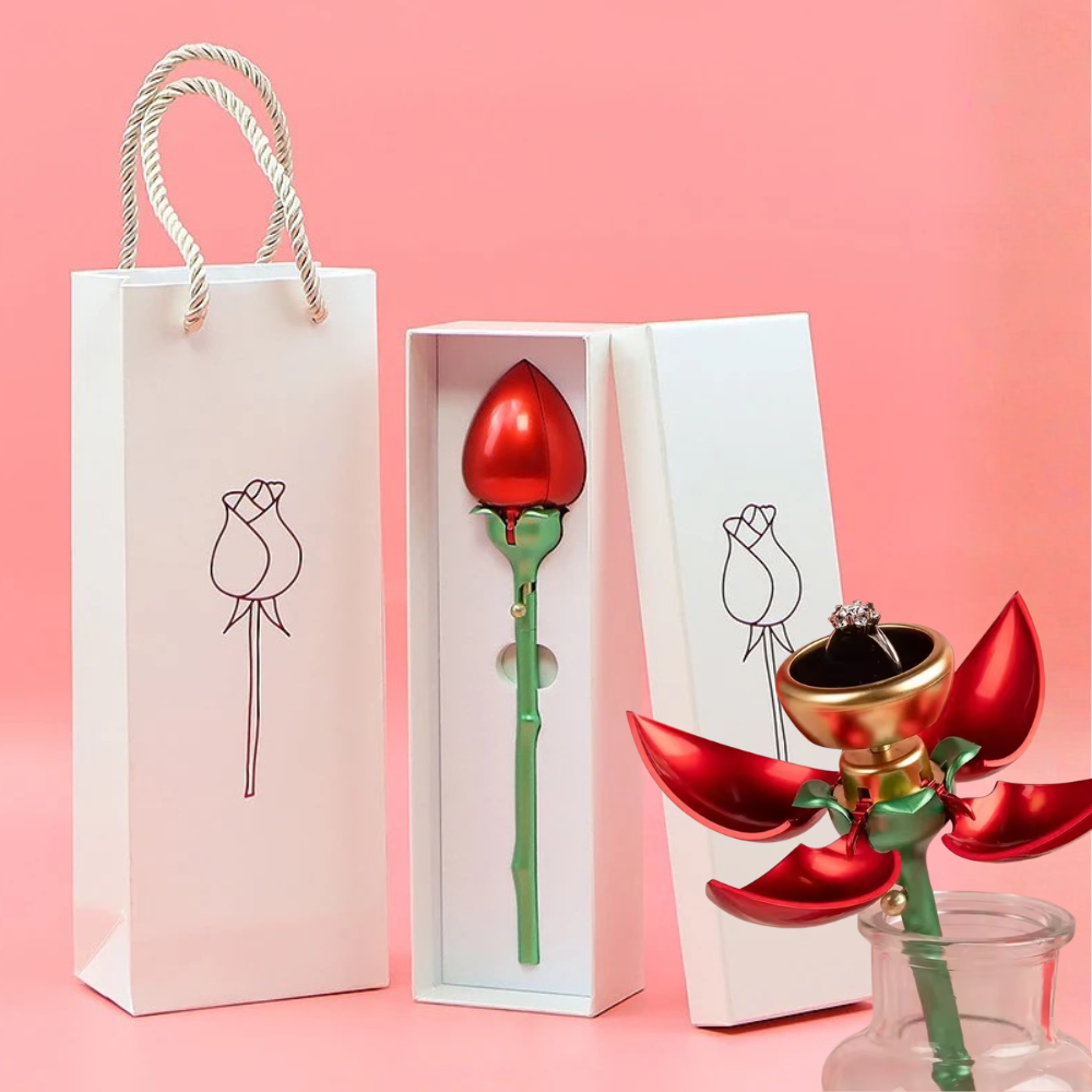 Romantic Metal Rose Flower Ring Box with Silver Adjustable Promise Ring