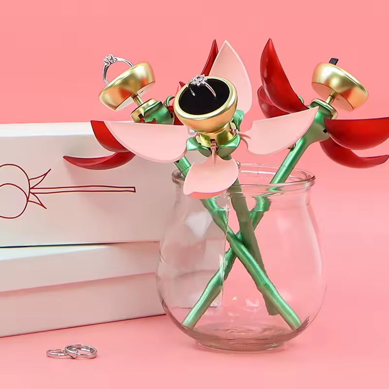 Romantic Metal Rose Flower Ring Box with Silver Adjustable Promise Ring