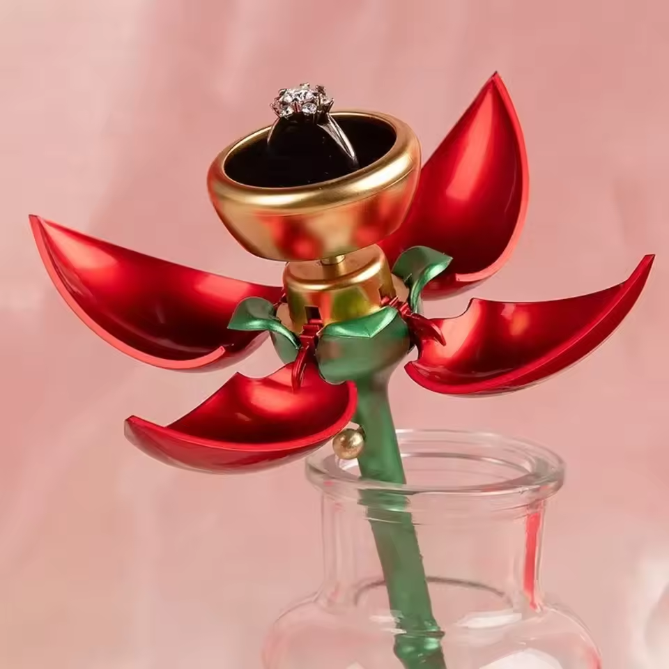 Romantic Metal Rose Flower Ring Box with Silver Adjustable Promise Ring