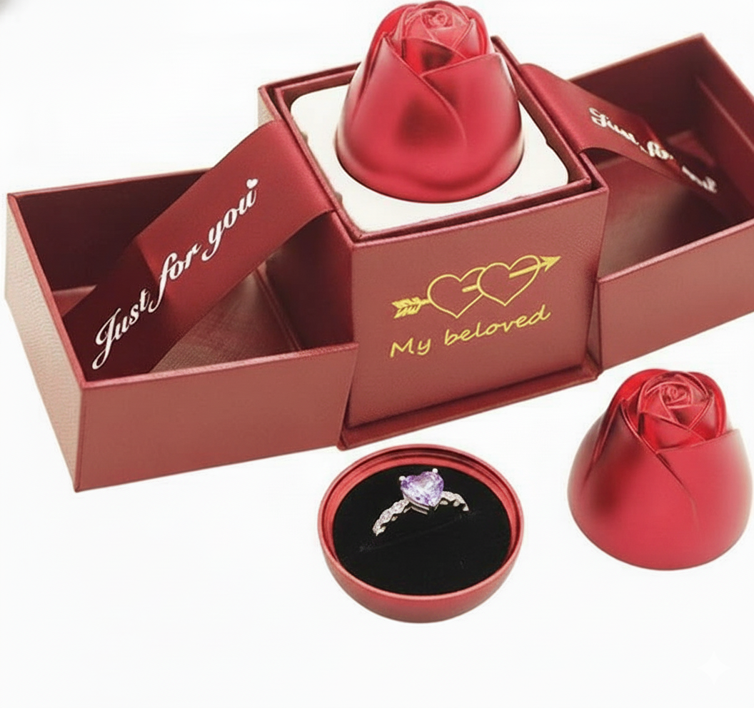 Double Door Lifting Rose Jewelry Box with Adjustable Silver Ring – Romantic Gift Box