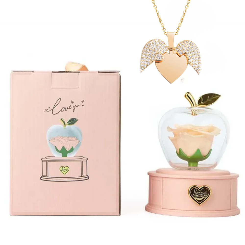 Luxury Eternal Rose Apple Jewelry Box with Gold Heart Necklace – Red Drawer Gift Handbag