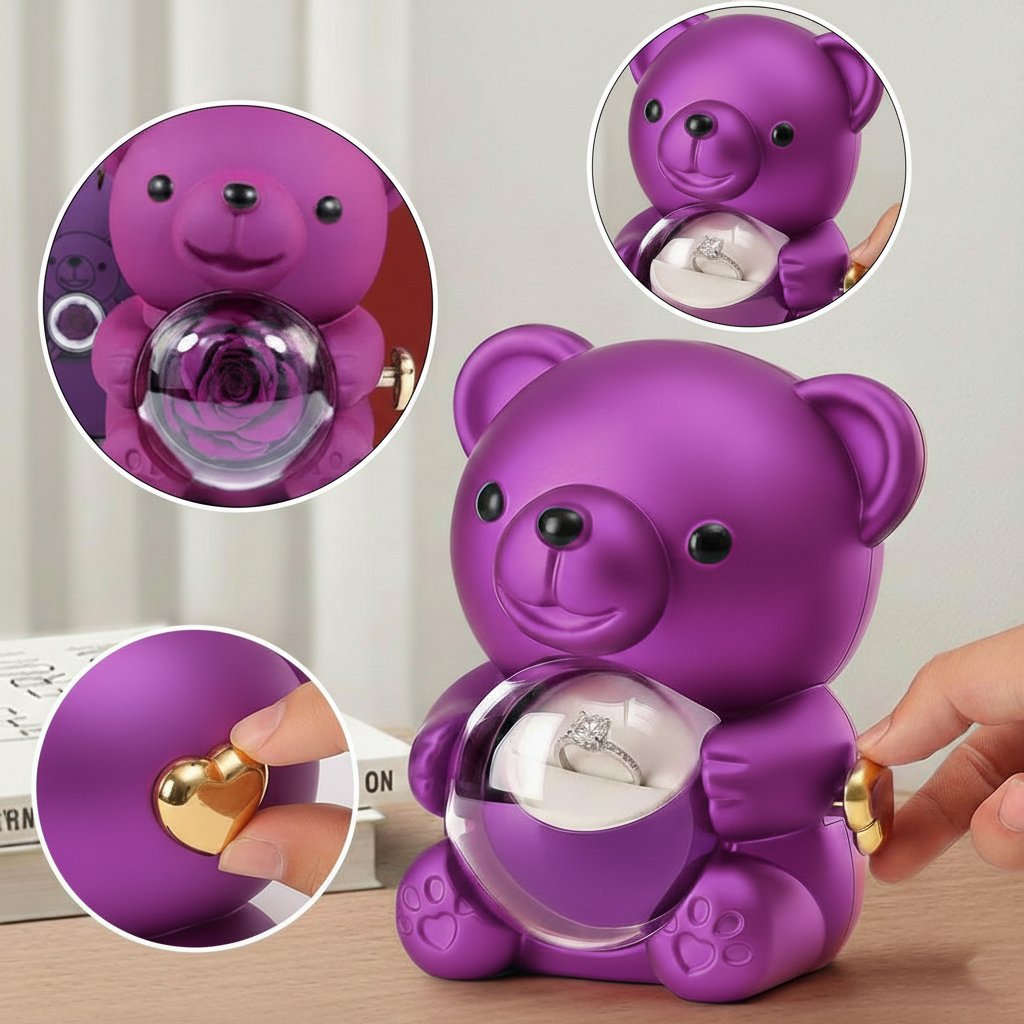 Teddy Bear Eternal Rose Box with Silver Ring – Luxury Gift for Women
