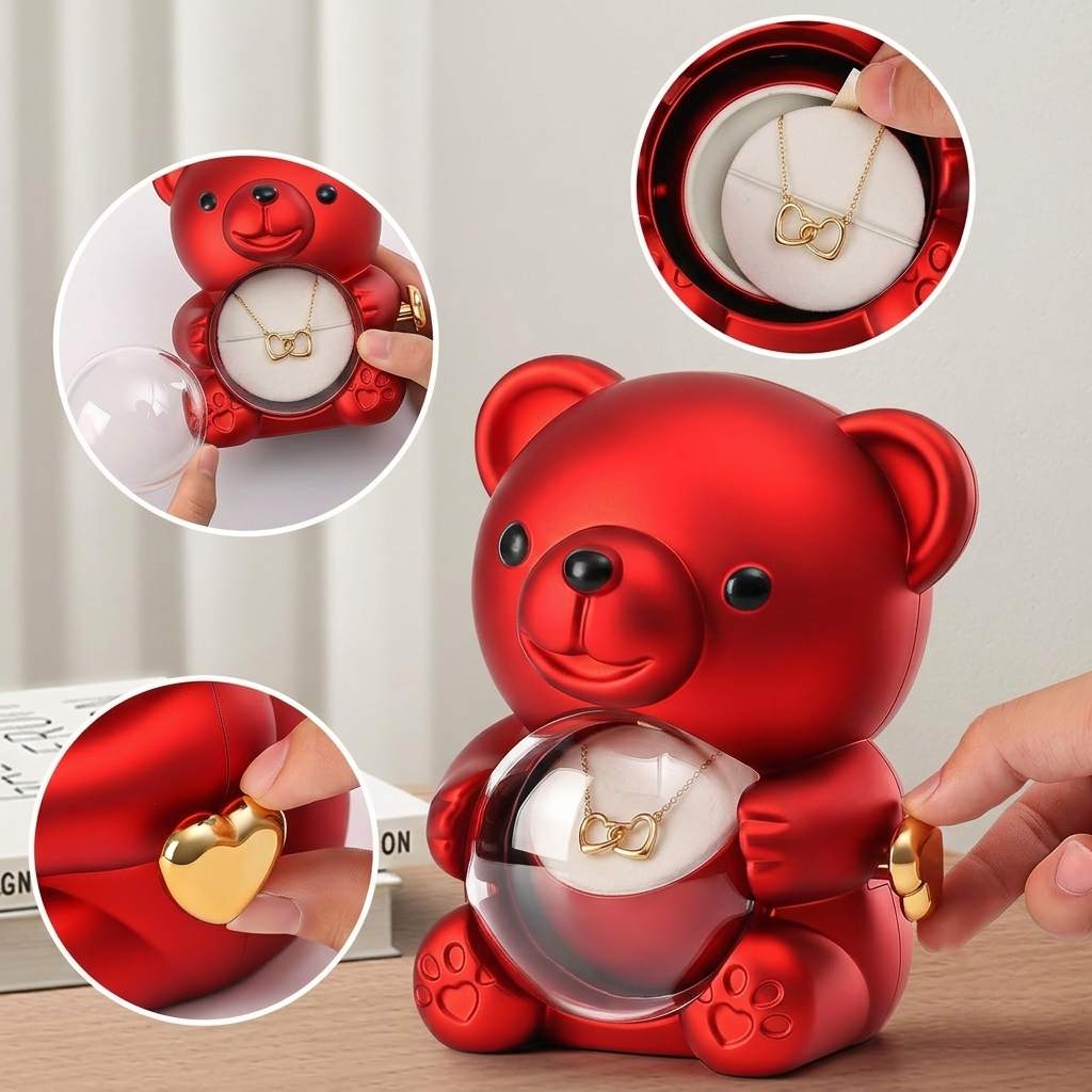 Teddy Bear Eternal Rose Box with Heart Necklace – Luxury Gift for Women