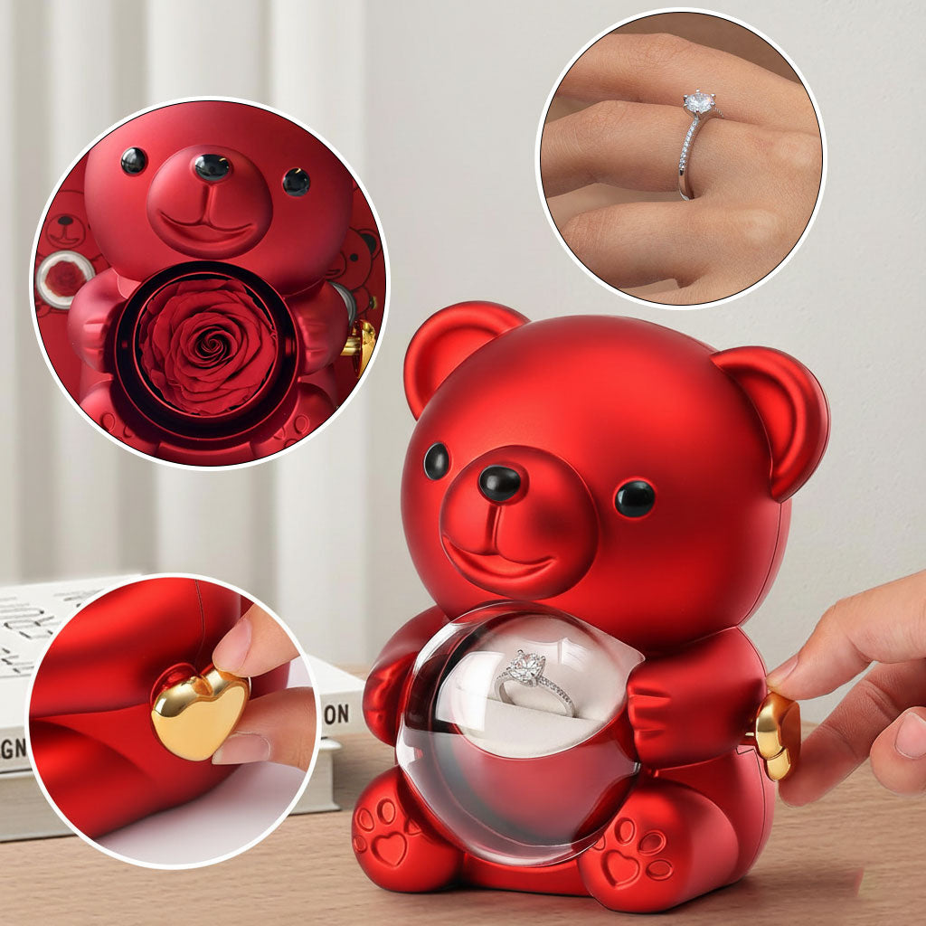 Teddy Bear Eternal Rose Box with Silver Ring – Luxury Gift for Women