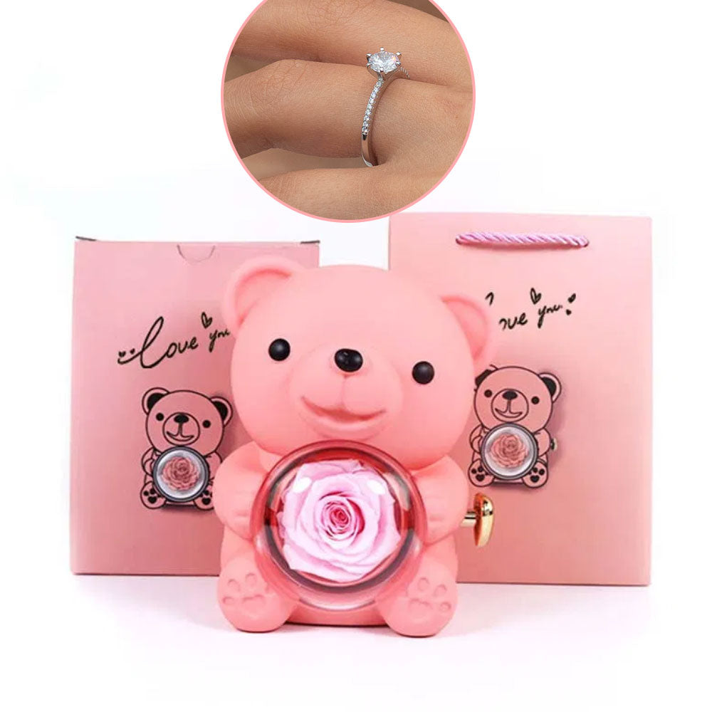 Teddy Bear Eternal Rose Box with Silver Ring – Luxury Gift for Women