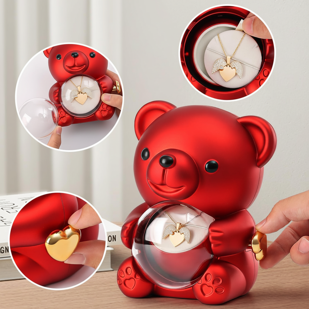 Teddy Bear Eternal Rose Box with Heart Necklace – Luxury Gift for Women