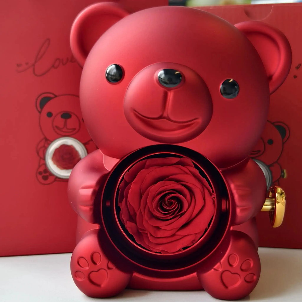 Teddy Bear Eternal Rose Box with Heart Necklace – Luxury Gift for Women