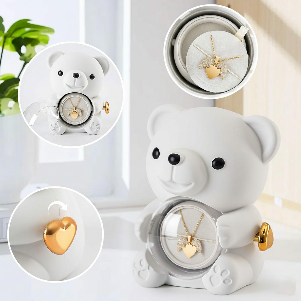 Teddy Bear Eternal Rose Box with Heart Necklace – Luxury Gift for Women