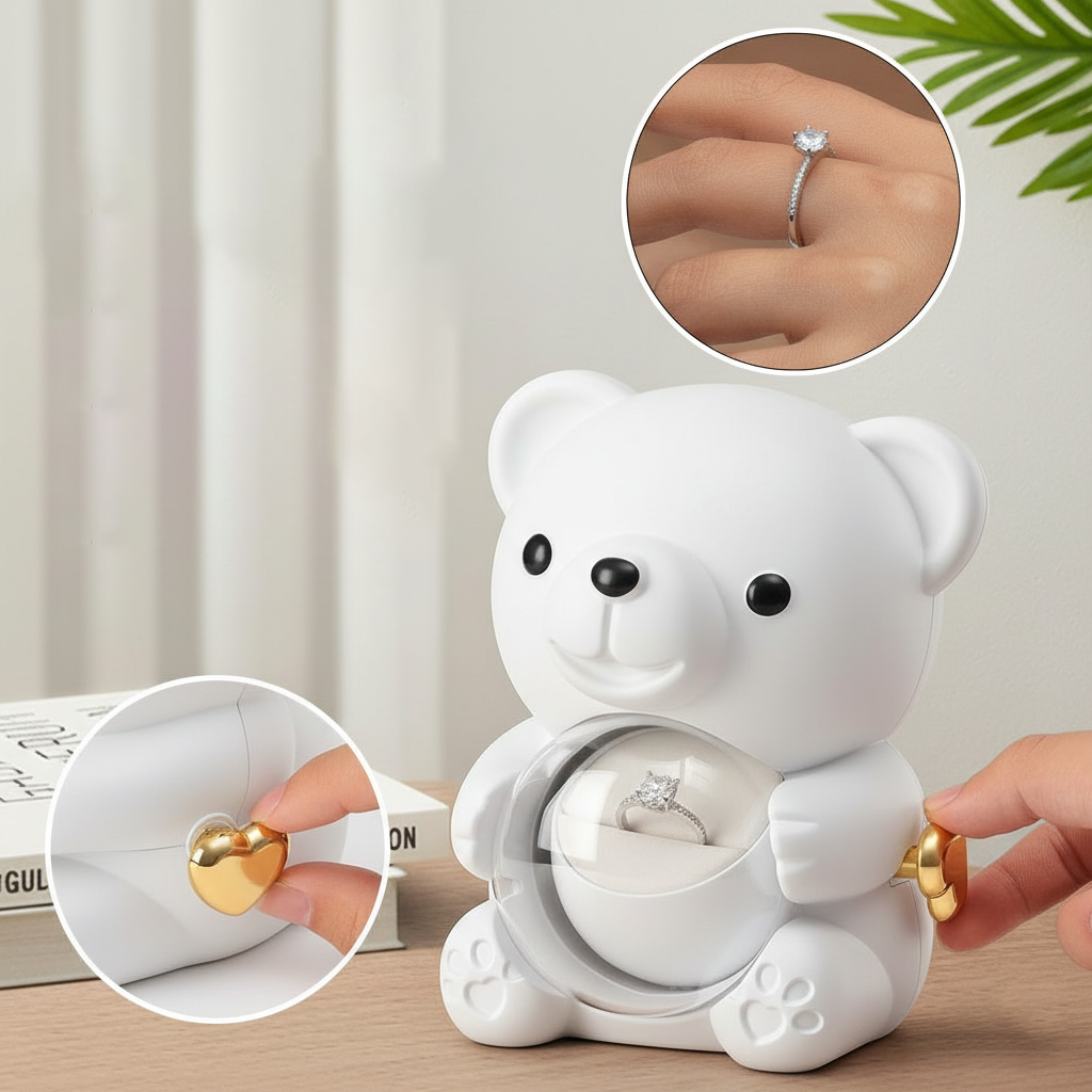 Teddy Bear Eternal Rose Box with Silver Ring – Luxury Gift for Women
